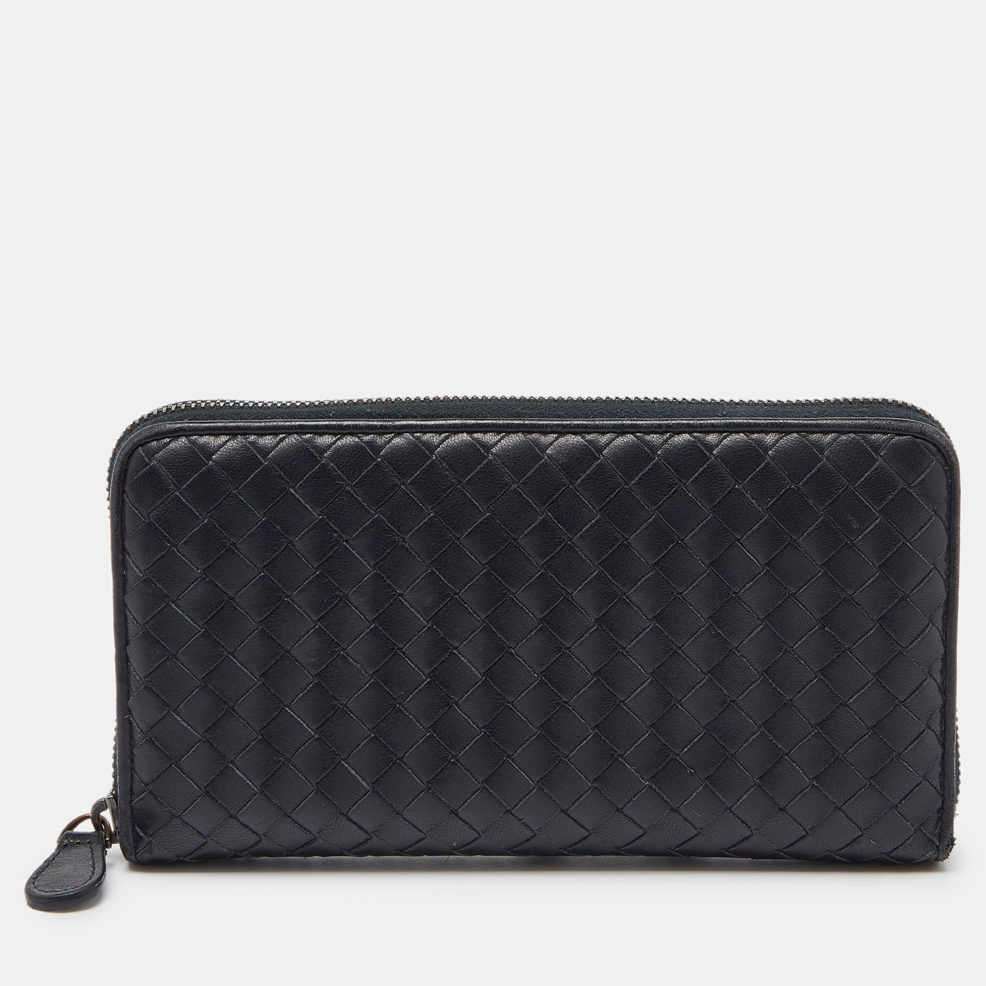 Bottega Veneta Black Intrecciato Leather Zip Around Wallet