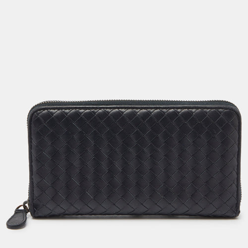 Bottega Veneta Black Intrecciato Leather Zip Around Wallet