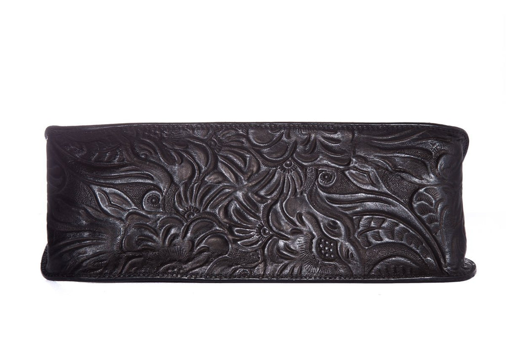 Fendi Vintage Black Leather Embossed Flower Handle Bag