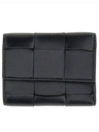 Bottega Veneta Cassette Tri-Fold Zipper Half Wallet Black