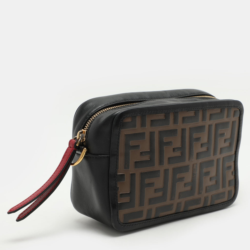 Fendi Black/brown Ff Embossed Leather Mini Camera Crossbody Bag