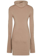 Fendi Long Sleeve Hooded Wool Silk Short Dress Beige