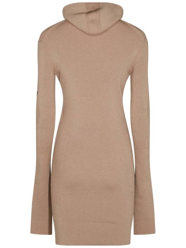 Fendi Long Sleeve Hooded Wool Silk Short Dress Beige