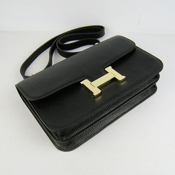 Hermes Calf Leather Message Bag H020 Black Golden