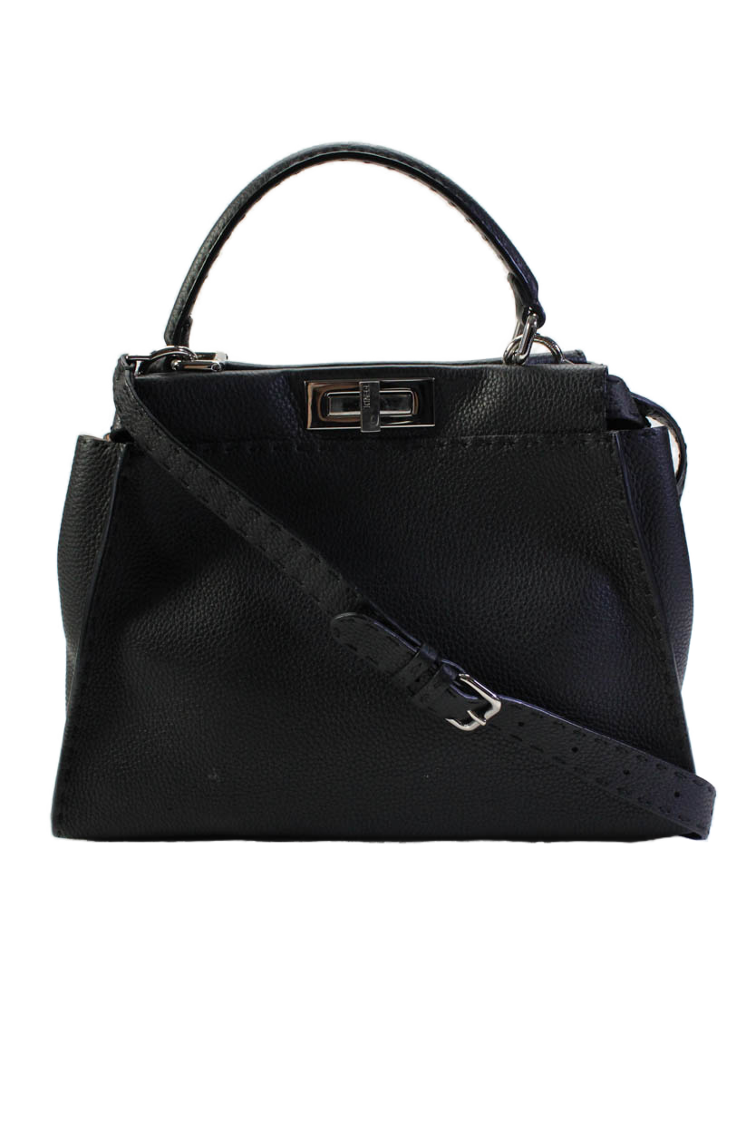 Fendi Womens Top Handle Grain Leather Two Way Peekaboo Handbag Dark Gray