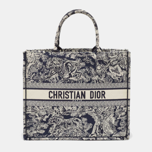 Dior Navy Blue/White Embroidered Canvas Large Reverse Toile de Jouy Book Tote