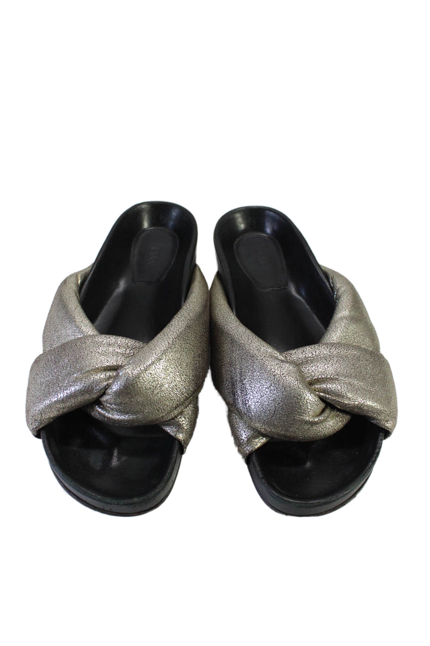Chloe Womens Leather Metallic Puffy Cross Strap Slides Sandals Silver