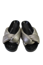 Chloe Womens Leather Metallic Puffy Cross Strap Slides Sandals Silver