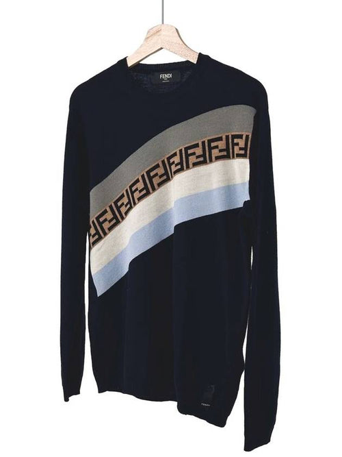 Fendi 48 Fendi Men s FF Logo Striped Knit T Shirt Navy
