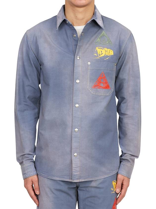 Astro Embroidered Patch Denim Long Sleeve Shirt Light Blue Dior