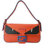 FENDI Monster Eye Baguette Calfskin Leather Crossbody Bag Orange