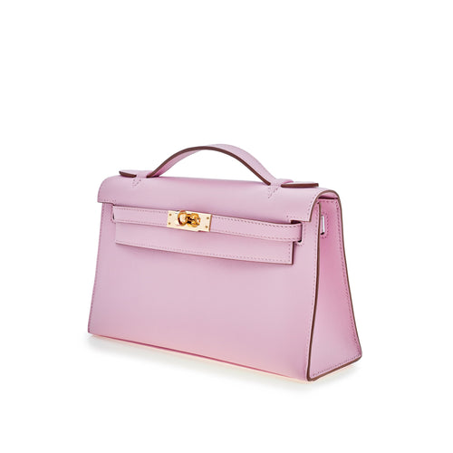 Hermes Kelly Pochette Mauve Sylvestre Swift Rose Gold Hardware