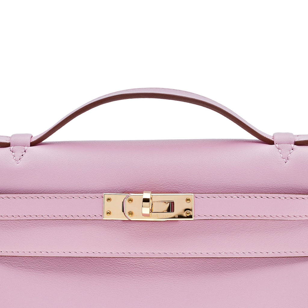 Hermes Kelly Pochette Mauve Sylvestre Swift Rose Gold Hardware