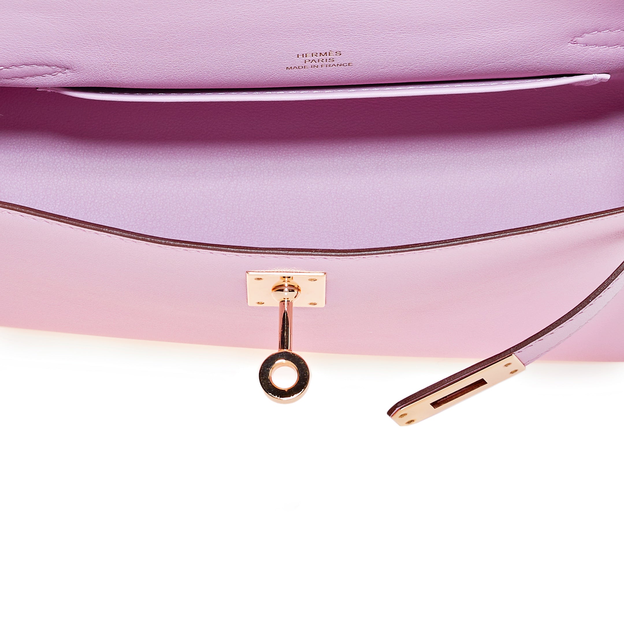 Hermes Kelly Pochette Mauve Sylvestre Swift Rose Gold Hardware