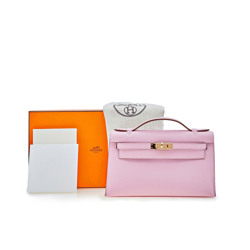 Hermes Kelly Pochette Mauve Sylvestre Swift Rose Gold Hardware