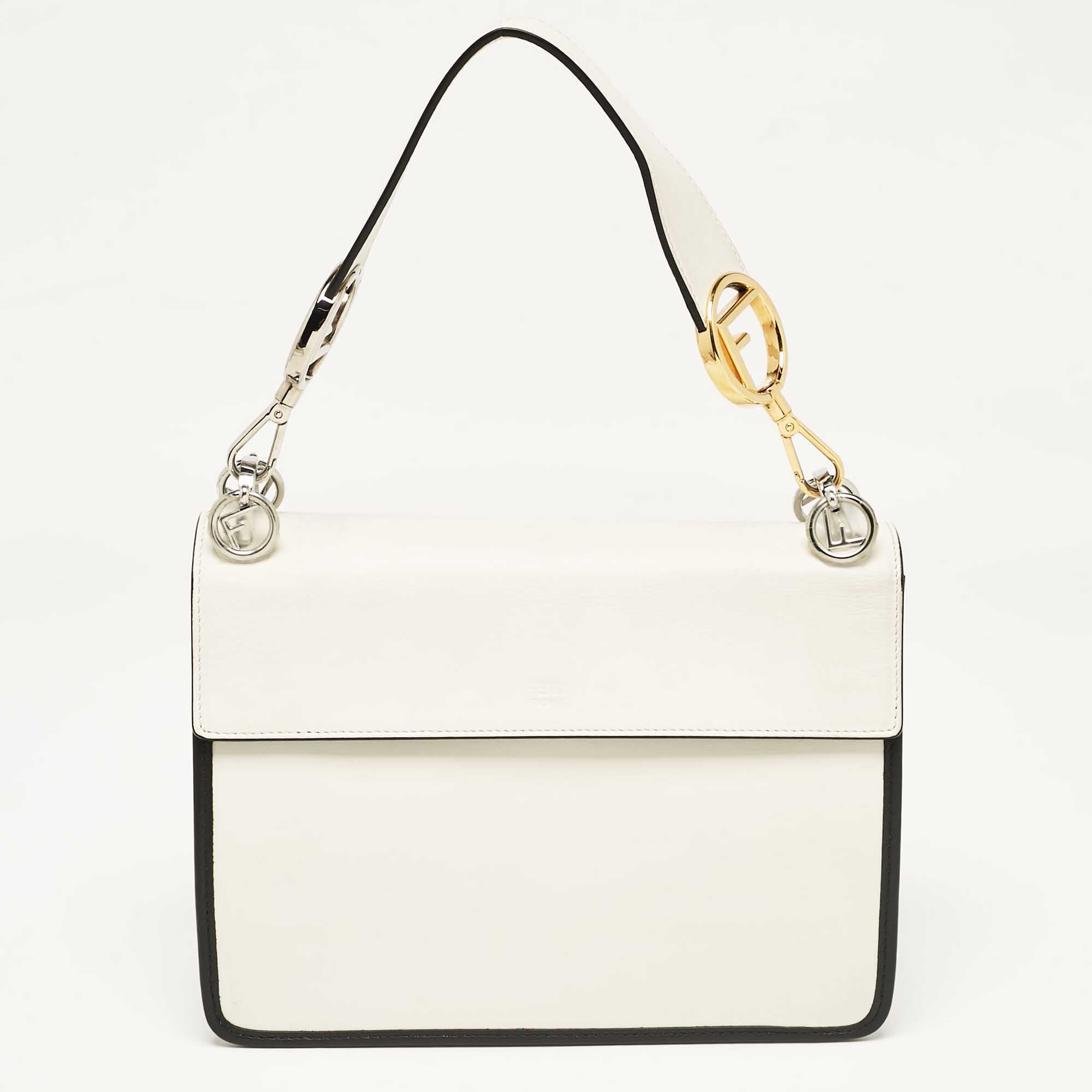 Fendi White/black Zucca Velvet And Leather Kan I F Logo Top Handle Bag