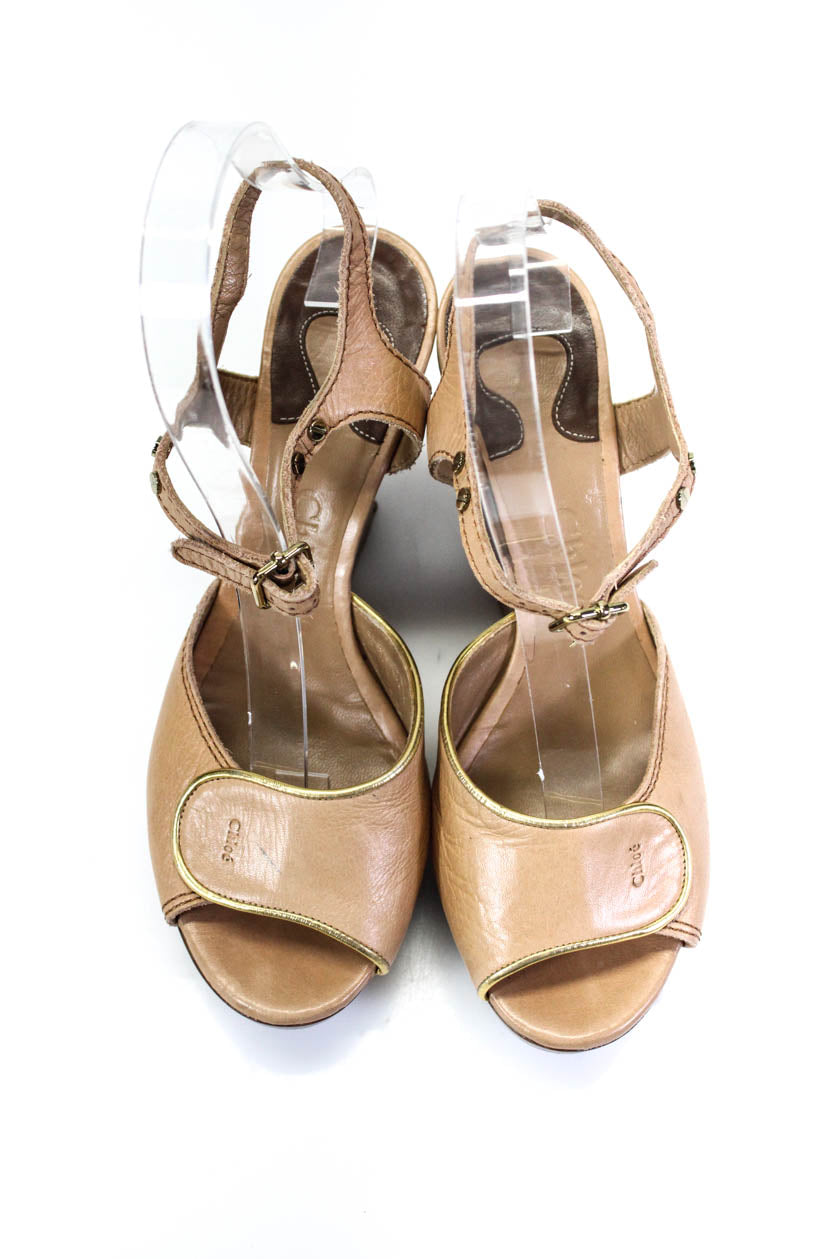 Chloe Womens Leather Peep Toe Platform Ankle Strap Wedge Heels Beige
