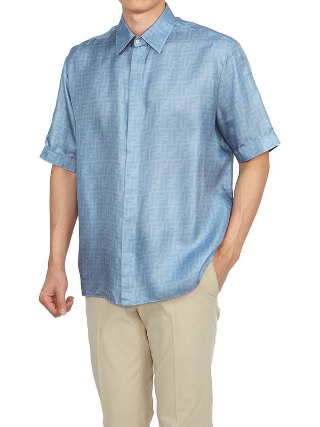 Fendi Men's FF Motif Silk Short Sleeve Shirt Blue