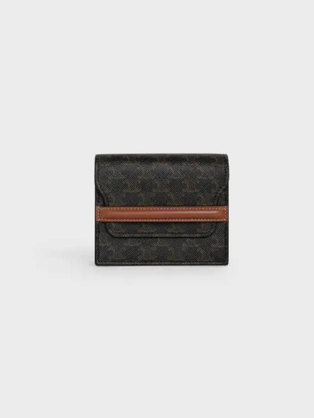 CELINE Triomphe Canvas Strap Business Card Half Wallet Tan