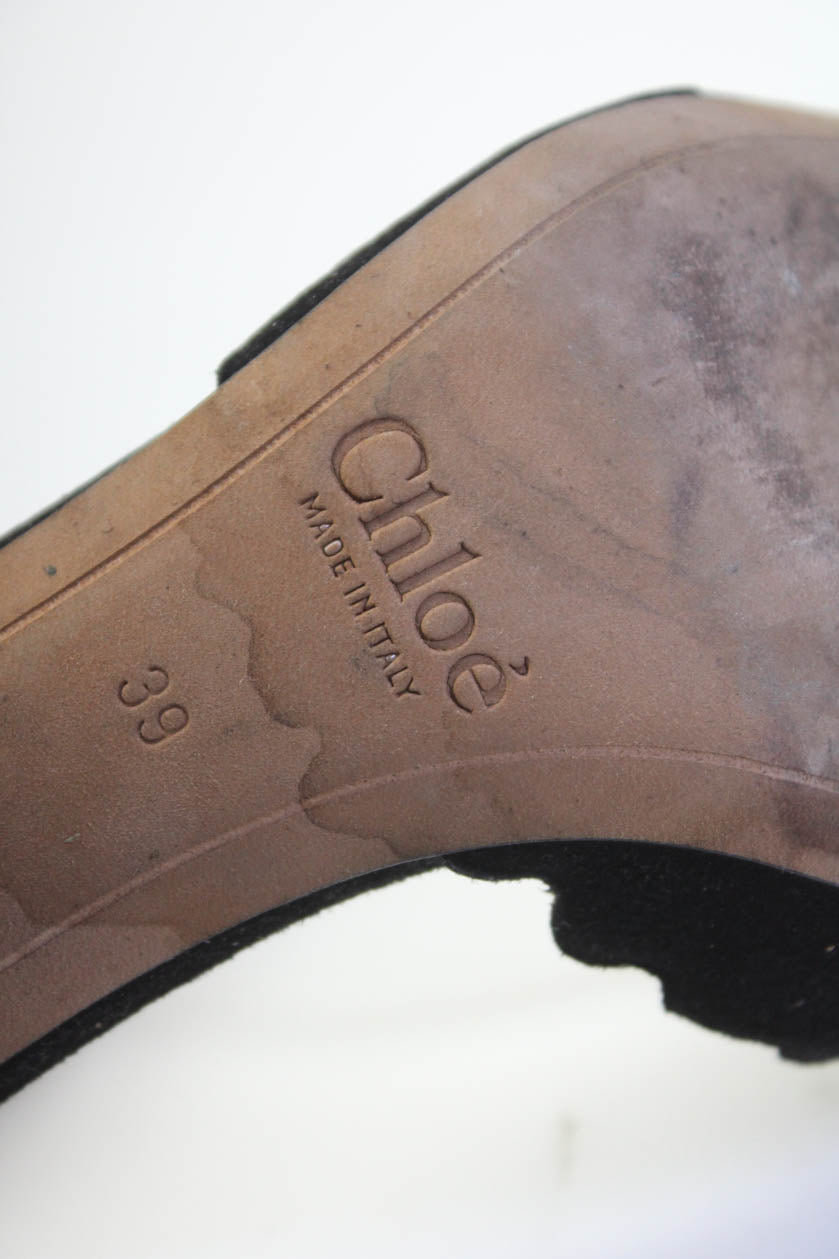 Chloe Womens Scalloped Suede Ankle Strap Block Heel Pumps Black Suede