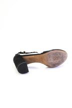 Chloe Womens Scalloped Suede Ankle Strap Block Heel Pumps Black Suede