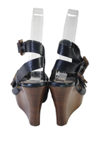 Chloe Womens Leather Peep Toe Strappy Buckle Closure Wedges Black