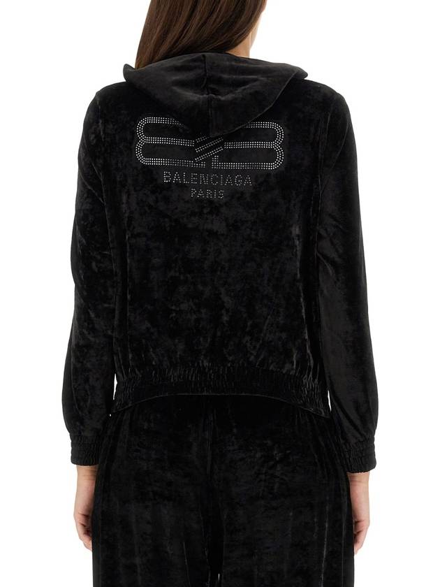 Balenciaga Women's BB Paris Strass Velvet  Zip-Up Hoodie Black