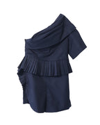 Chloe Asymmetrical Pleated Playsuit in Navy Blue Cotton
