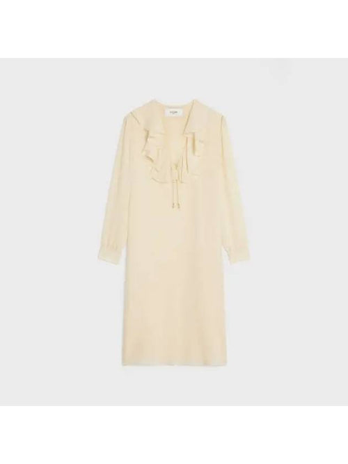 CELINE Jabot Lightweight Silk Sable Midi Dress Cream