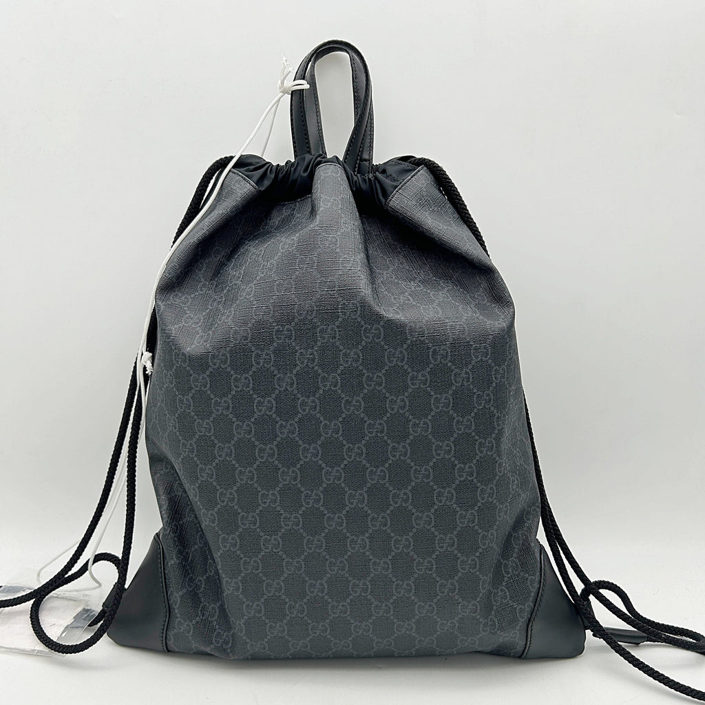 GUCCI Soft GG Supreme Monogram Appia Calfskin Web Drawstring Backpack Black LA2292