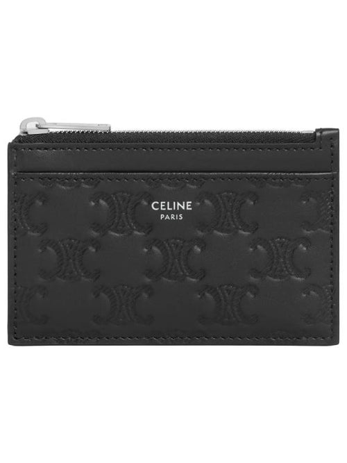 CELINE Zipper Calfskin Triomphe Embossed Card Wallet Black