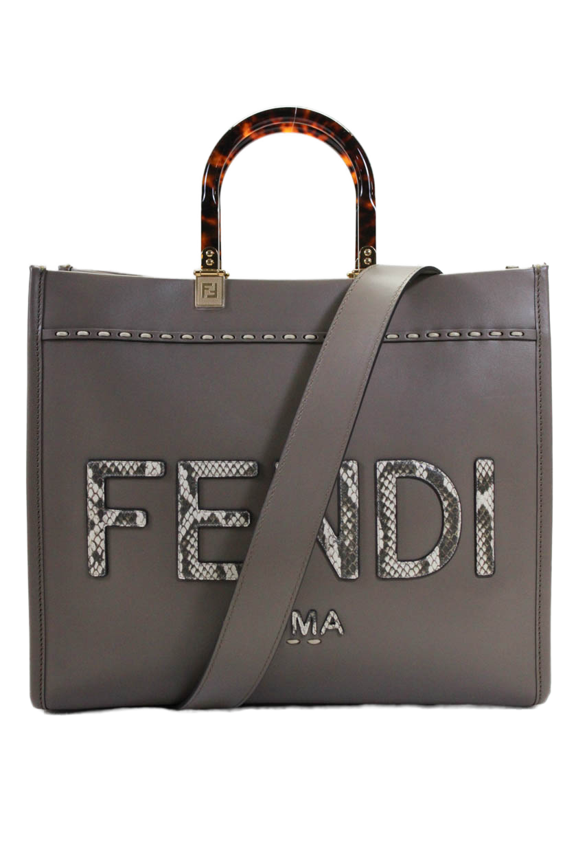 Fendi Womens Large Snakeskin Logo Sunshine Leather Tote Handbag Brown White