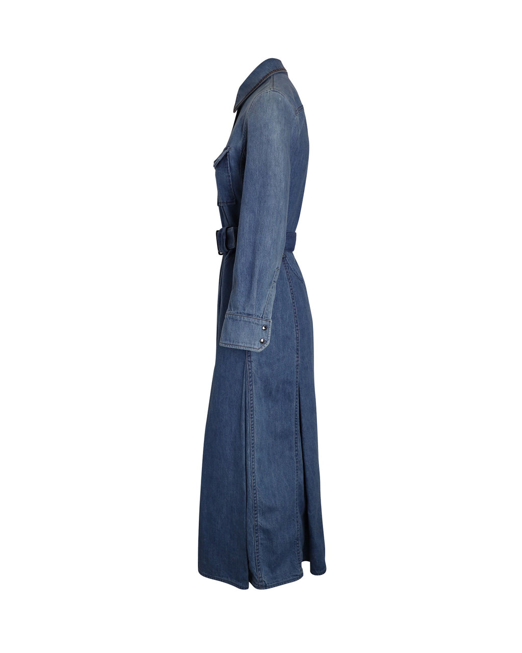 Chloe Belted Midi Shirt Dress in Blue Cotton Denim