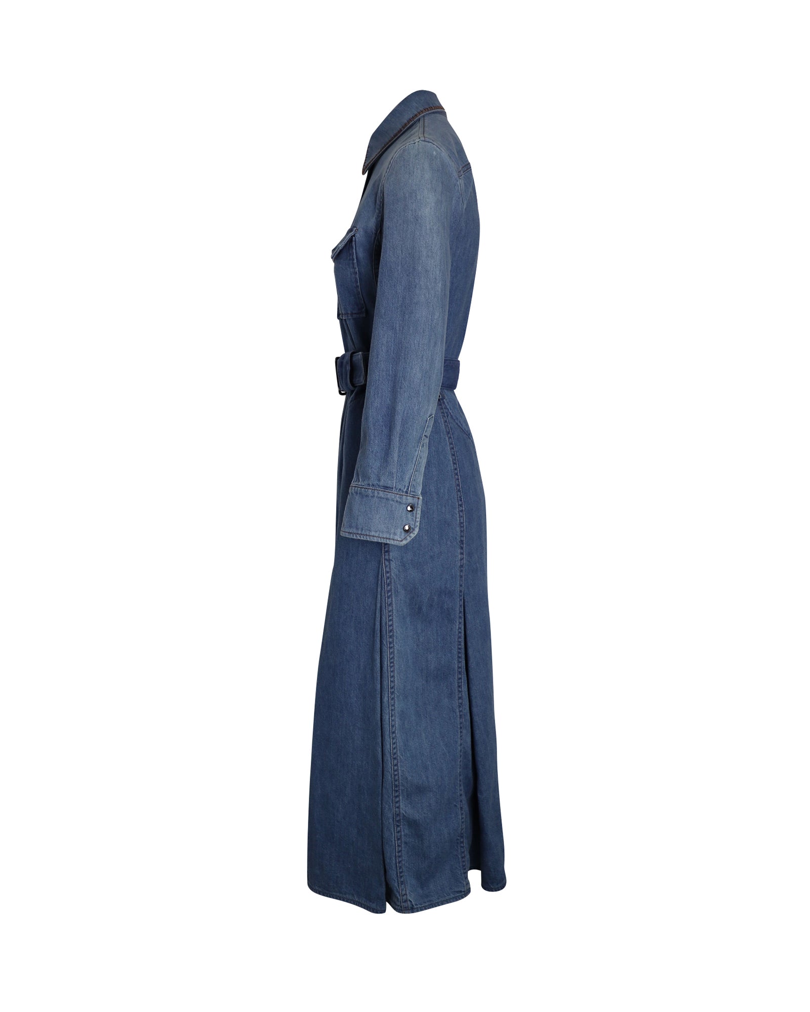 Chloe Belted Midi Shirt Dress in Blue Cotton Denim