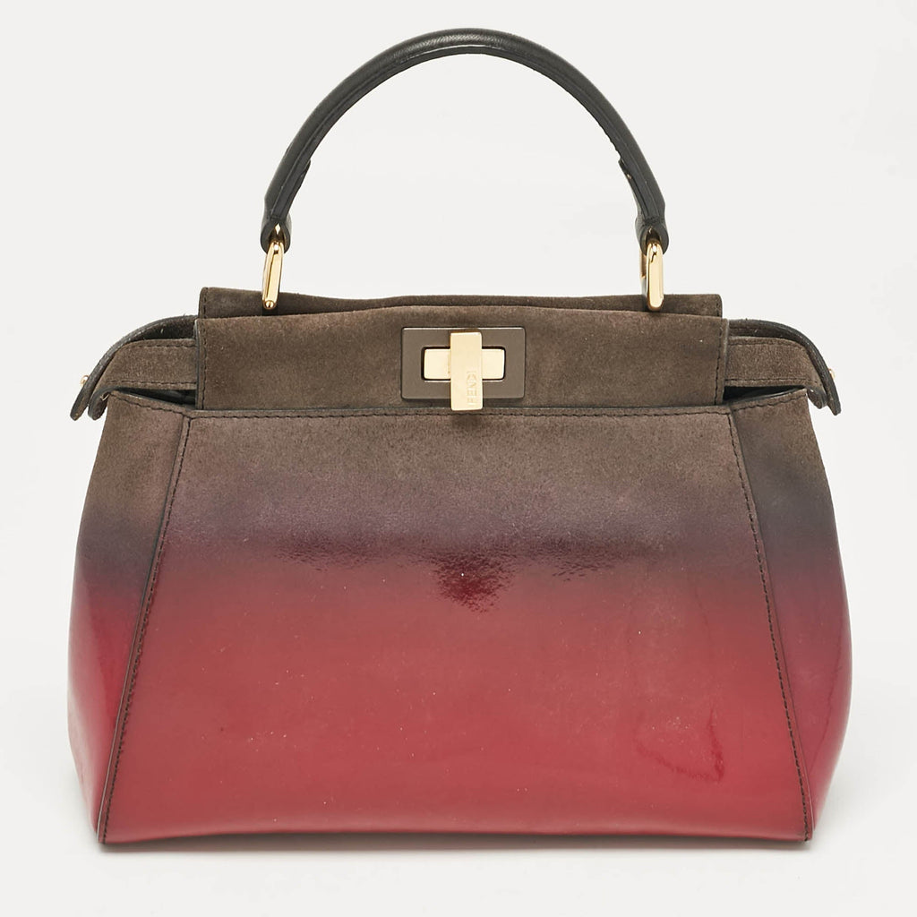 Fendi Ombre Grey/pink Patent Leather And Suede Mini Peekaboo Top Handle Bag