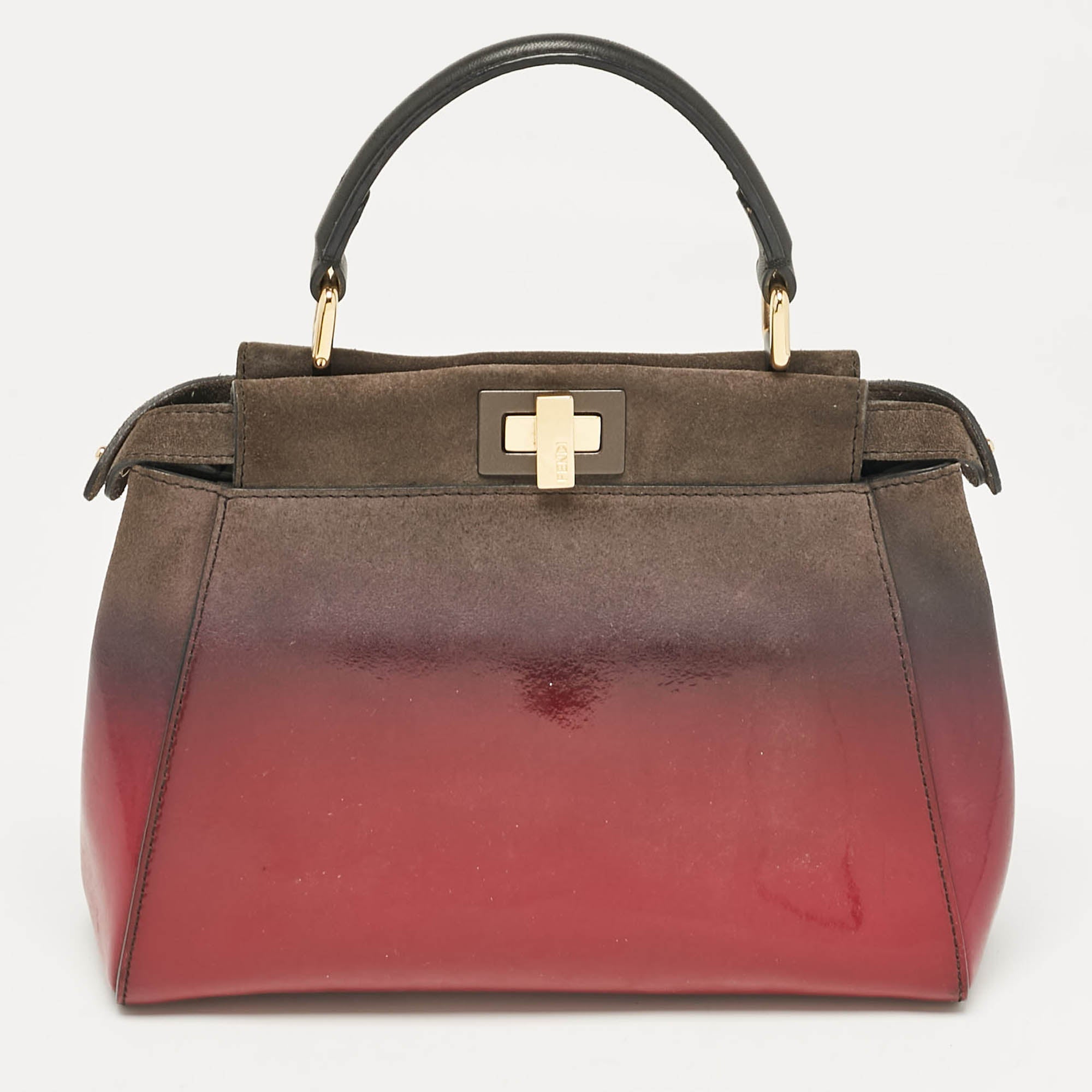 Fendi Ombre Grey/pink Patent Leather And Suede Mini Peekaboo Top Handle Bag