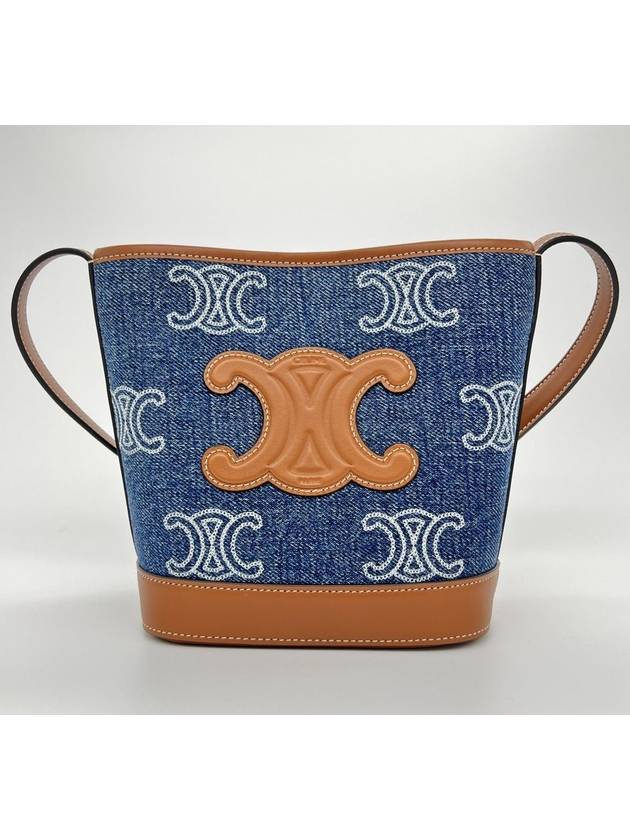 CELINE WoMen's Triomphe All Over Embroidered Calfskin Denim Mini Bucket Bag Tan Navy