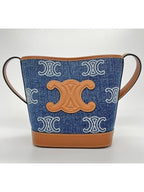CELINE WoMen's Triomphe All Over Embroidered Calfskin Denim Mini Bucket Bag Tan Navy