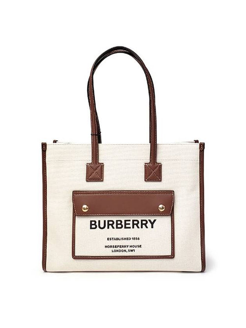 Burberry Freya Small Canvas Leather Tote Bag Natural Tan