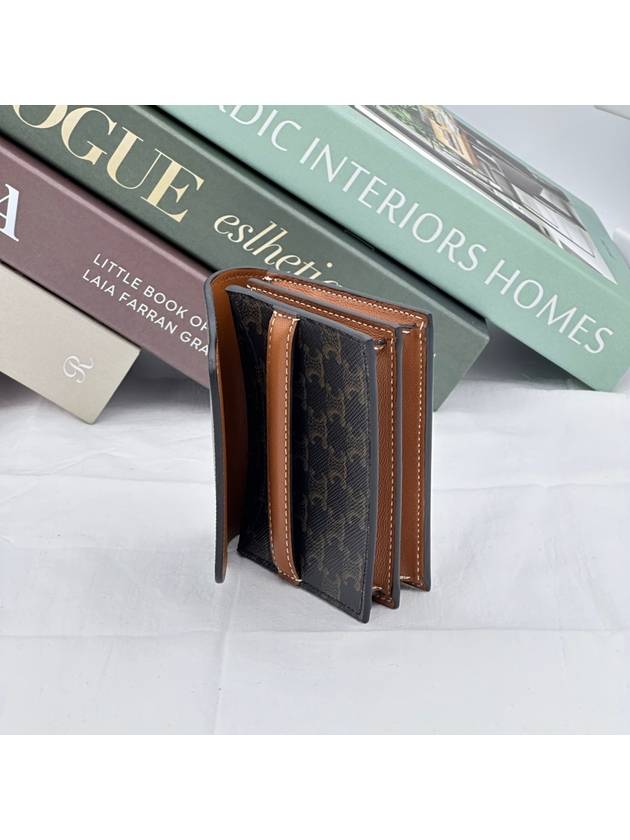 CELINE Triomphe Canvas Strap Business Card Half Wallet Tan
