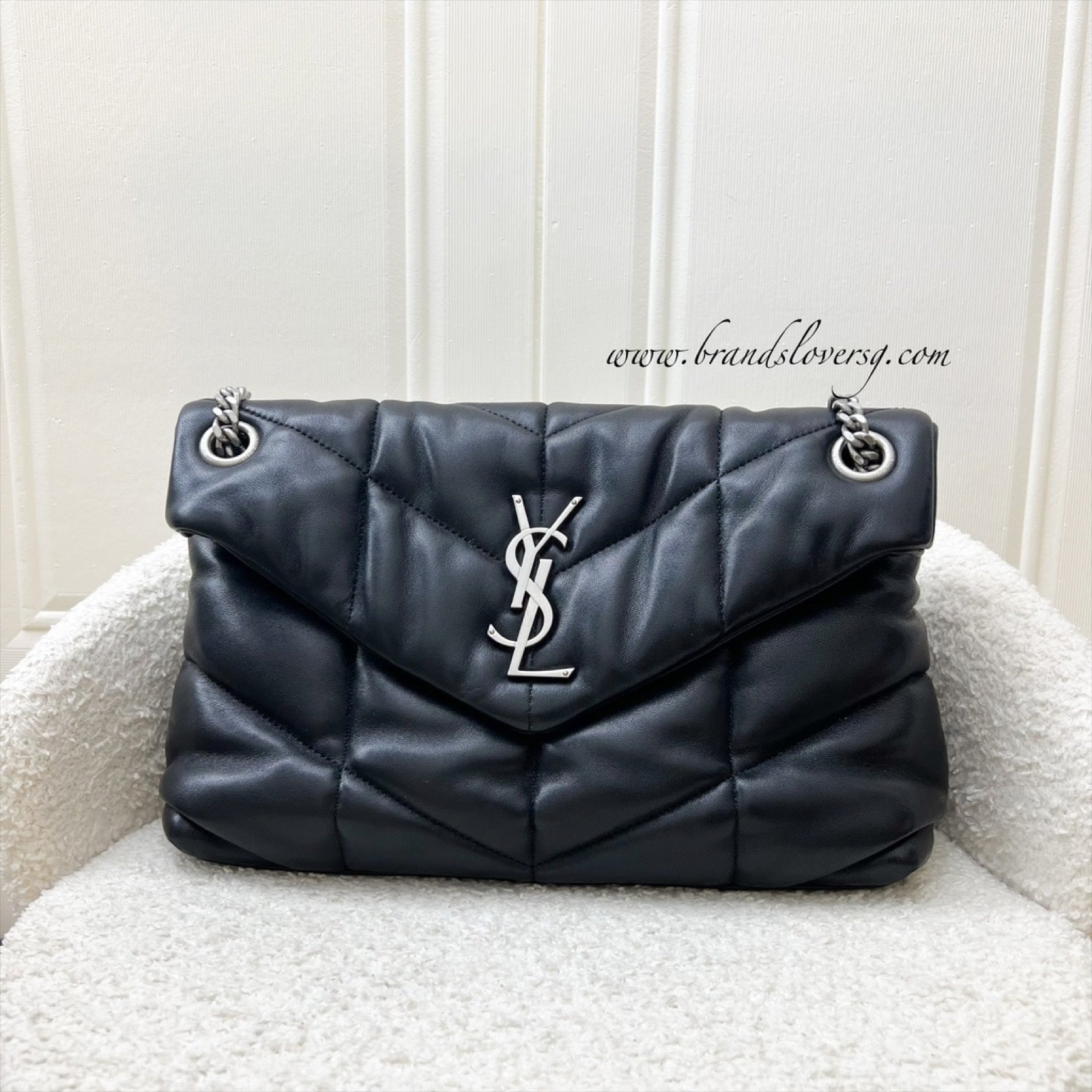 Saint Laurent YSL Small Loulou Puffer Flap Bag in Black Lambskin and PHW