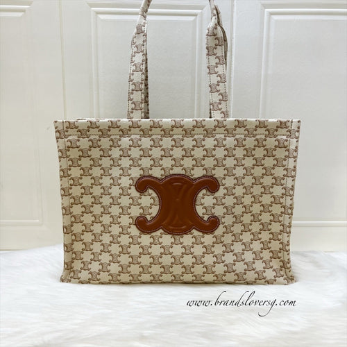 Celine Large Cabas Thais Tote Bag in Triomphe Print Canvas with Brown Leather Logo