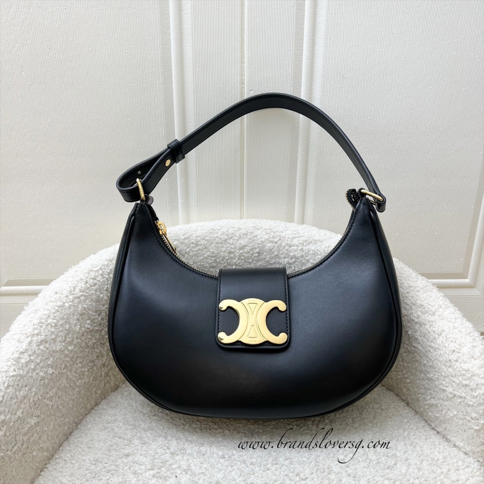 Celine Medium Ava Triomphe Bag in Black Smooth Calfskin and GHW