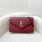 Saint Laurent YSL Small Wallet on Chain WOC in Dark Red Grained Leather and GHW