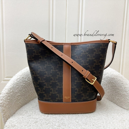Celine Small Triomphe Bucket Bag in Triomphe Canvas, Tan Calfskin and GHW (Model: 191442CAS.04LU)