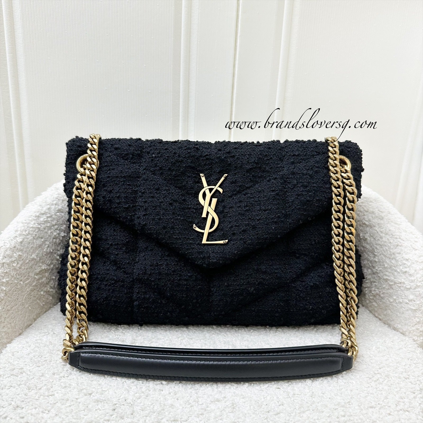 Saint Laurent YSL Small Loulou Puffer Bag in Black Wool / Tweed and GHW