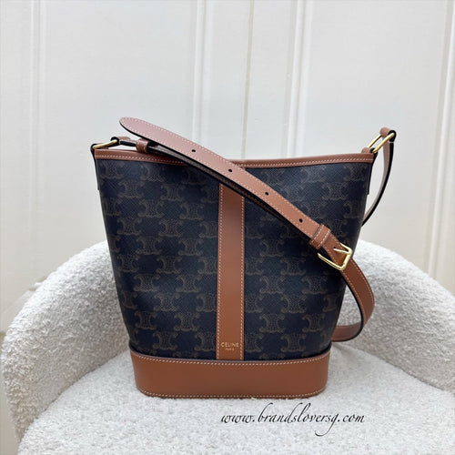 Celine Small Triomphe Bucket Bag in Triomphe Canvas, Tan Calfskin and GHW (Model: 191442CAS.04LU)