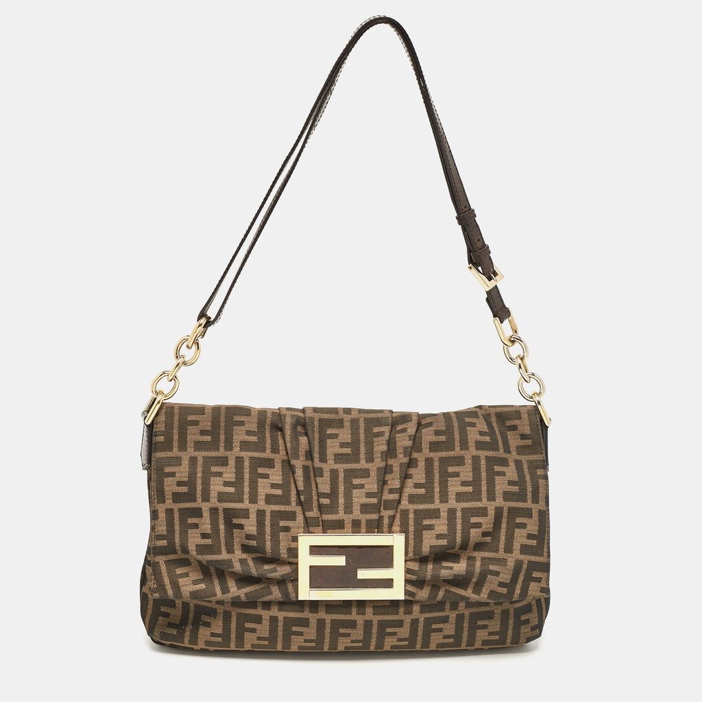 Fendi Zucca Canvas And Patent Leather Mia Flap Shoulder Bag