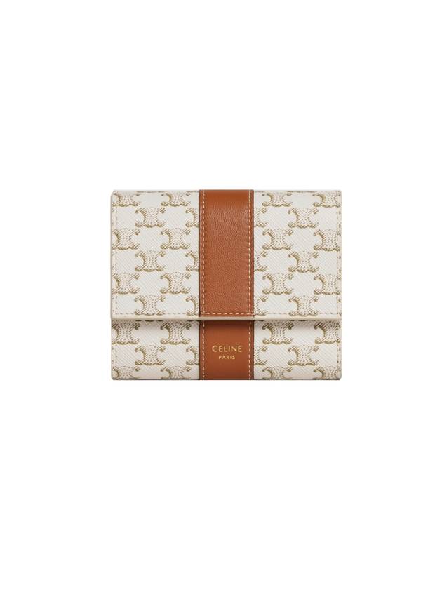 CELINE Triomphe Canvas Lambskin Trifold Small Half Wallet White Tan
