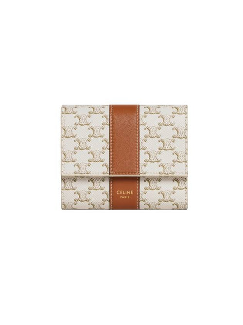 CELINE Triomphe Canvas Lambskin Trifold Small Half Wallet White Tan